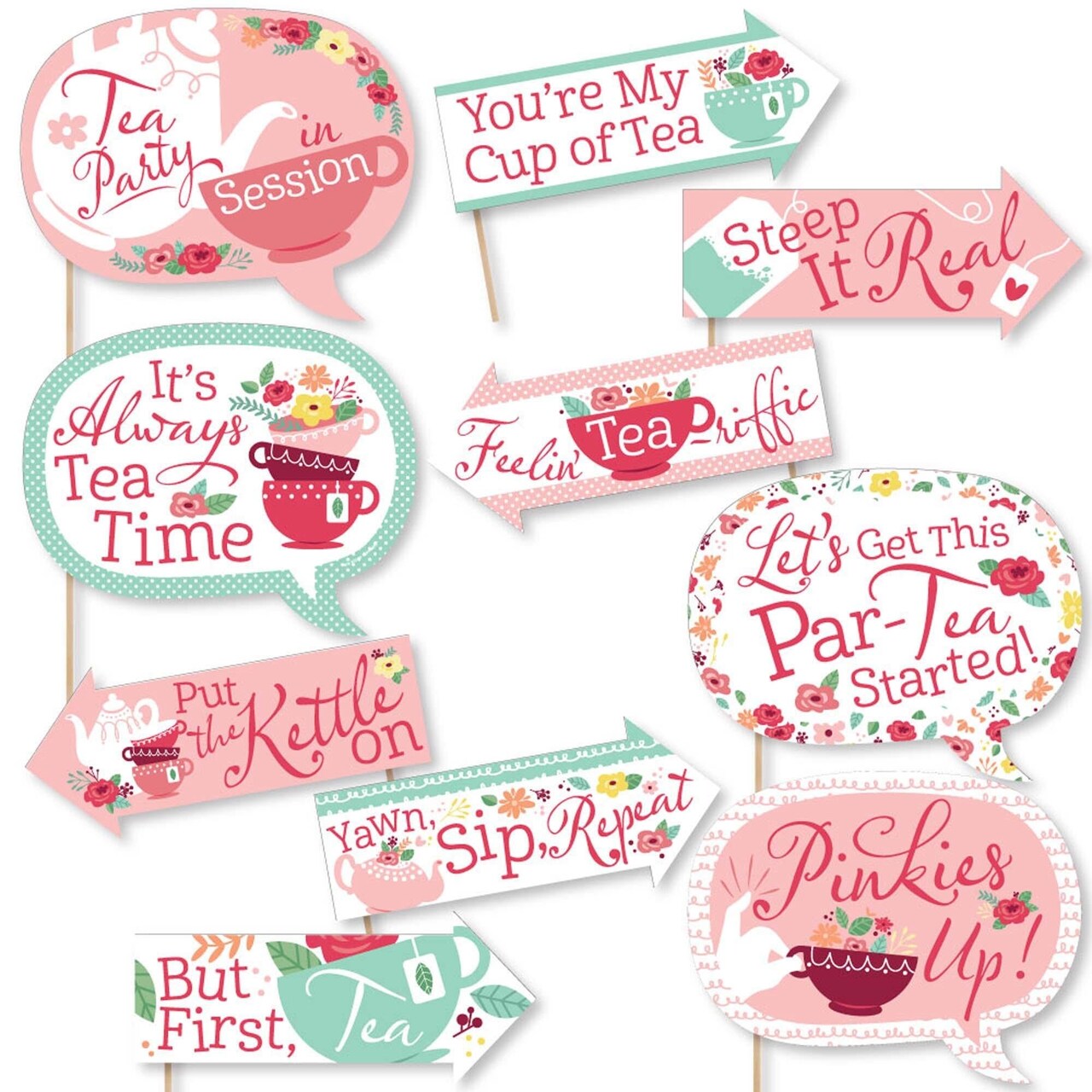 Big Dot of Happiness Funny Floral Let's Par-Tea - Garden Tea Party Photo Booth Props Kit - 10 Piece